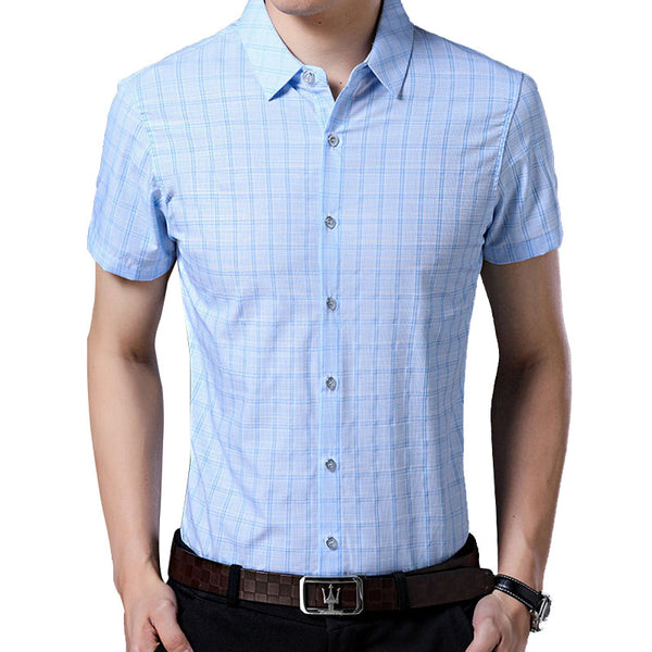 Man Business Plaid Lapel Short Sleeve Polyester Shirt