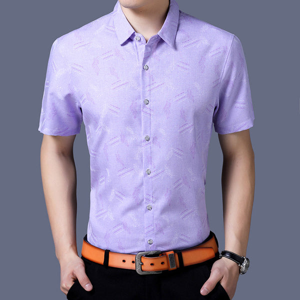 Man Feather Pattern Lapel Short Sleeve Viscose Shirt