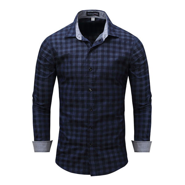 Man Lapel Collar Long Sleeves Plaid Pattern Cotton Shirt