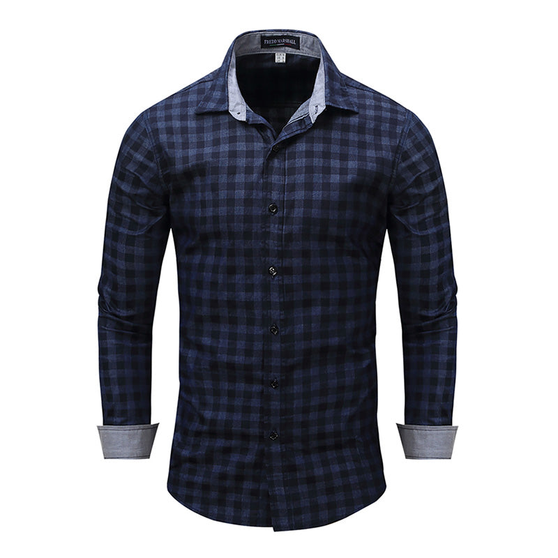 Man Lapel Collar Long Sleeves Plaid Pattern Cotton Shirt