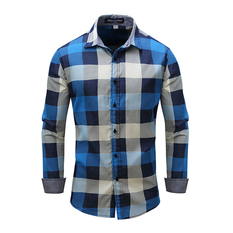 Man Turn-down Collar Long Sleeves Plaid Pattern Cotton Shirt