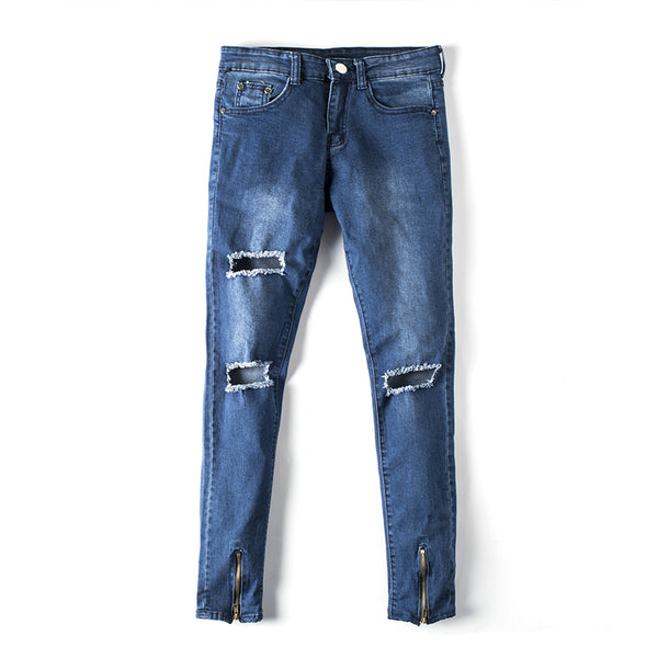 Man Designer Style Knee Holes Motorcycle Ripped Pants