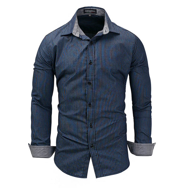 Man Turn-down Collar Long Sleeves Stripes Pattern Cotton Shirt