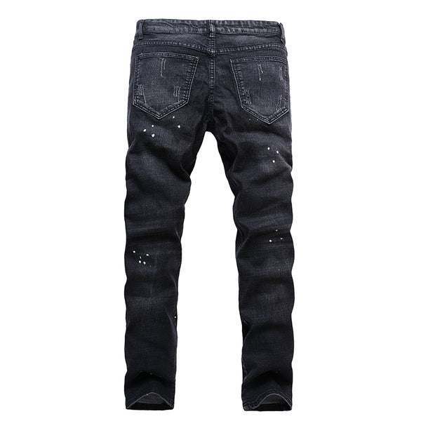 Knee Hole Washed Style Male Fashion Slim Ripped Jeans
