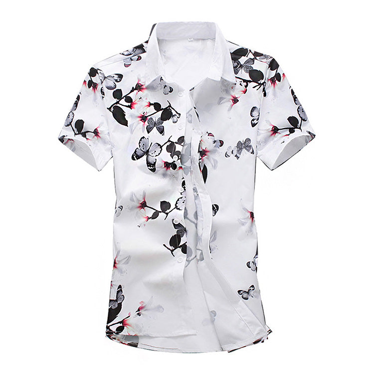 Men New Artistic Butterfly Flower Pattern Lapel Short Sleeve Polyester Shirt