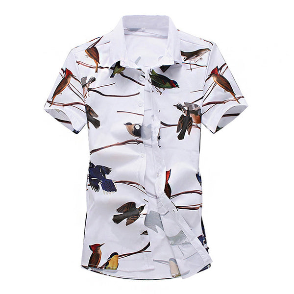 Men Unique Vivid Birds Pattern Lapel Short Sleeve Polyester Shirt