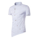 Men Unique Slim Fit Stand Collar Oblique Placket Short Sleeve Polyester Shirt