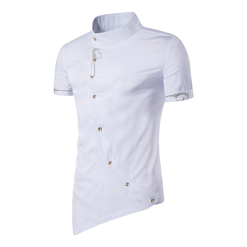 Men Unique Slim Fit Stand Collar Oblique Placket Short Sleeve Polyester Shirt