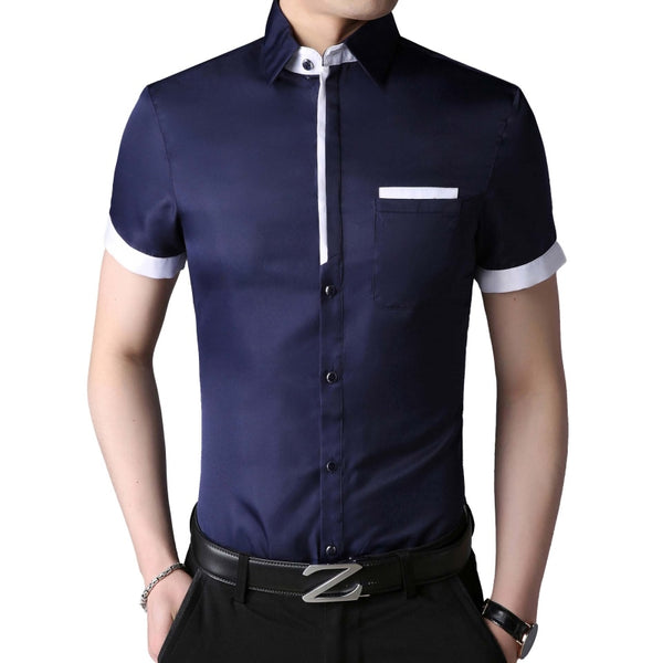 Men Business Fashion Non-Iron Lapel Short Sleeve Polyester Shirt With Breast Pocket