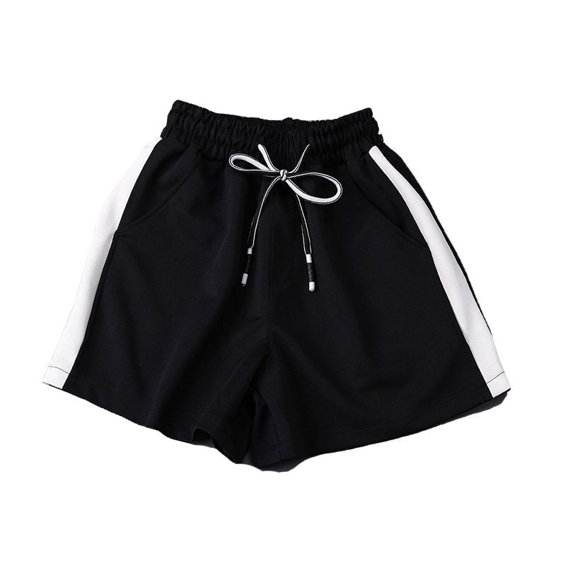 Casual Loose Black Stripe Thin Broad Leg Bandage Sports Shorts