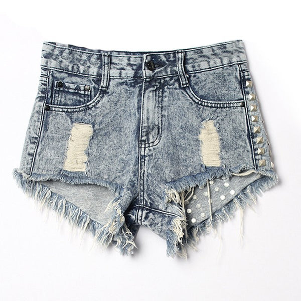 Hot Sale Loose Tassel Rivet Ripped Middle Waisted Jean Shorts