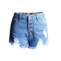 A Row Of Buttons Irregular Ripped High Waisted Jean Shorts