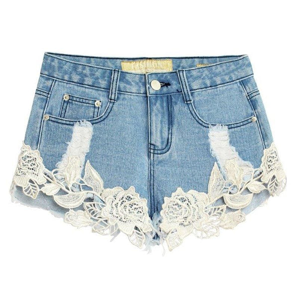 White Lace Edge Splicing Thin Style Ripped Jean Shorts