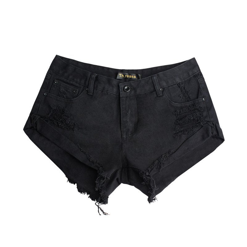 New Arrival Loose Curling Ripped Low Waisted Black Jean Shorts