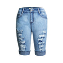 High Waisted Elastic Curling Light Blue Ripped Capri Jeans