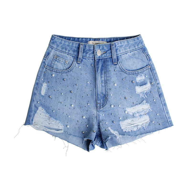 Latest Pearl Nailed Beads Design High Waisted Irregular Jean Shorts