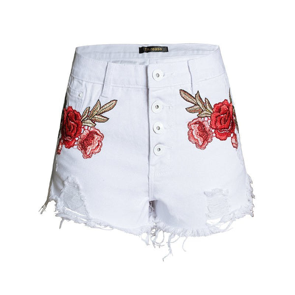 Beautiful Red Flower Embroidered White High Waisted Ripped Irregular Jean Shorts