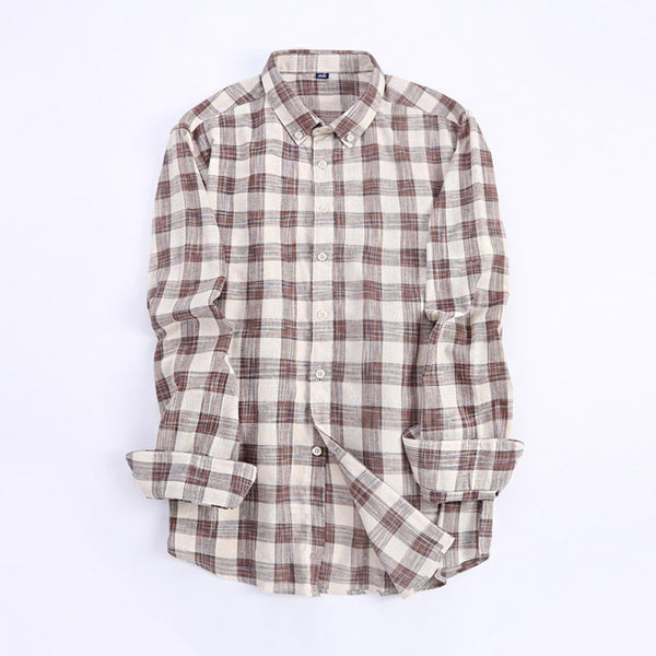 Men's Plaid Pattern Long Sleeve Cotton Lapel Collar Casual Shirt