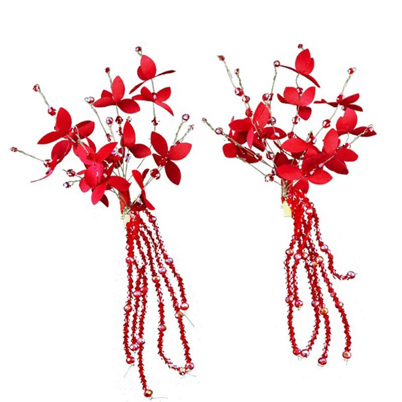 Bride's Red Flowers Shape Wedding  Hair Pins With Crystal Tassels In Pair