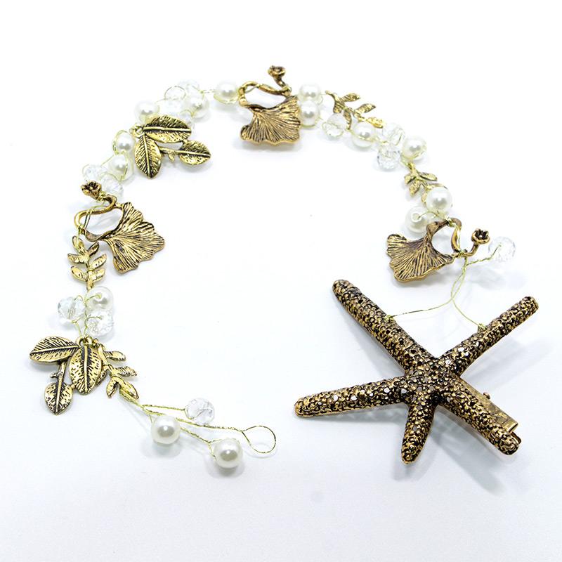 Antique Gold Plated  Starfish Leaf of Apricot Tree Design Crystal Hair Jewelry