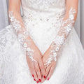 Ivory Fingerless Flowers Crystal Beading Long Lace Gauze Wedding Gloves