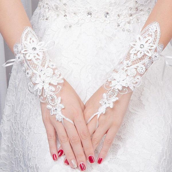 Ivory Fingerless Rhinestone Lace Sequins "A" Short Wedding Gloves
