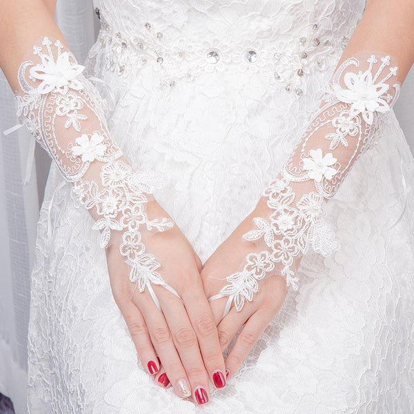 Fingerless Solid Flowers Ribbon Hollowed Tulle Sequins Ladies Wedding Gloves