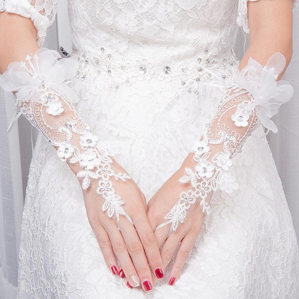 Fingerless Rhinestone Gauze Flowers Ribbon Hollowed Tulle Sequins Wedding Gloves