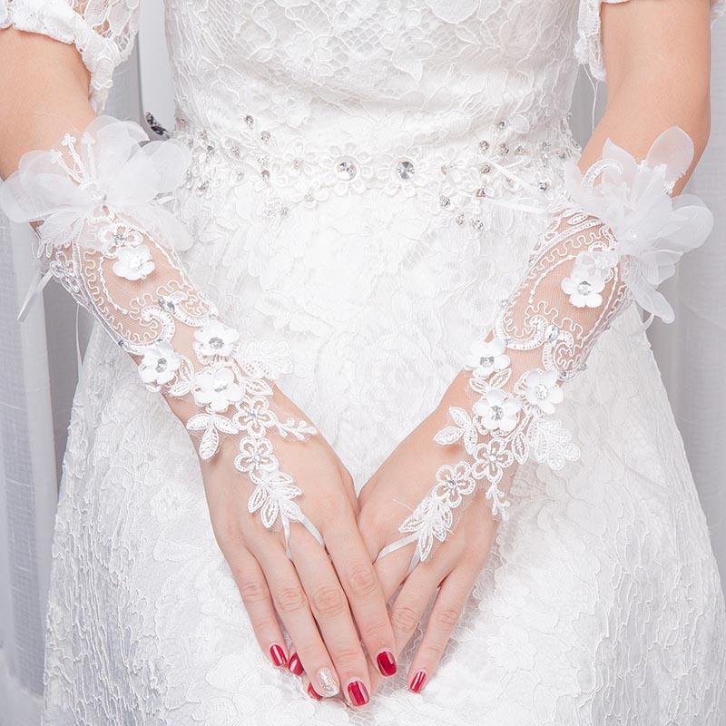 Fingerless Rhinestone Gauze Flowers Ribbon Hollowed Tulle Sequins Wedding Gloves