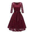 Hot Sale Bowknot Belt Lace Floral V-Neck Long Sleeve Dress Sun Dress For Party