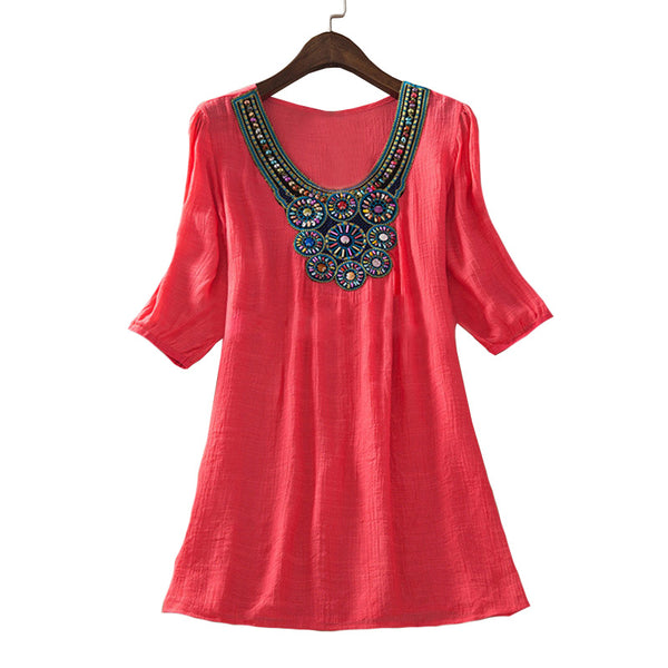 Ethnic Style Beaded Plus Size Half-Sleeve Ladies Fashion Tops Blouse