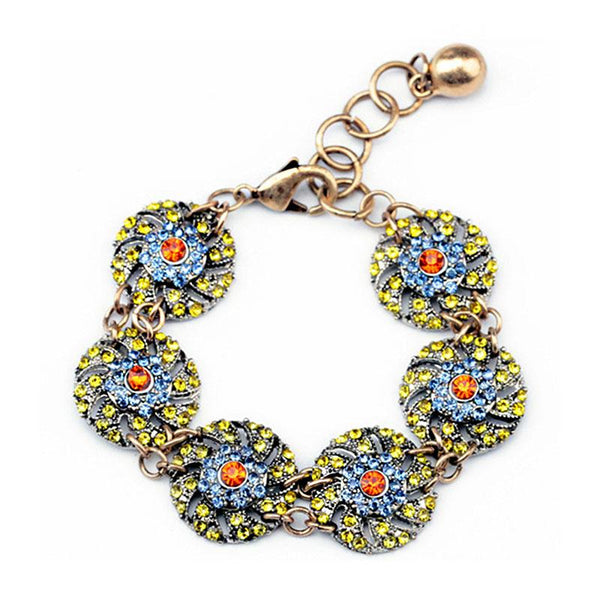 Hot Sale Vintage Five Big Gold Flowers Shape Rhinestone Girl's Bohemian Bracelet Gold Design Wedding Bracelet