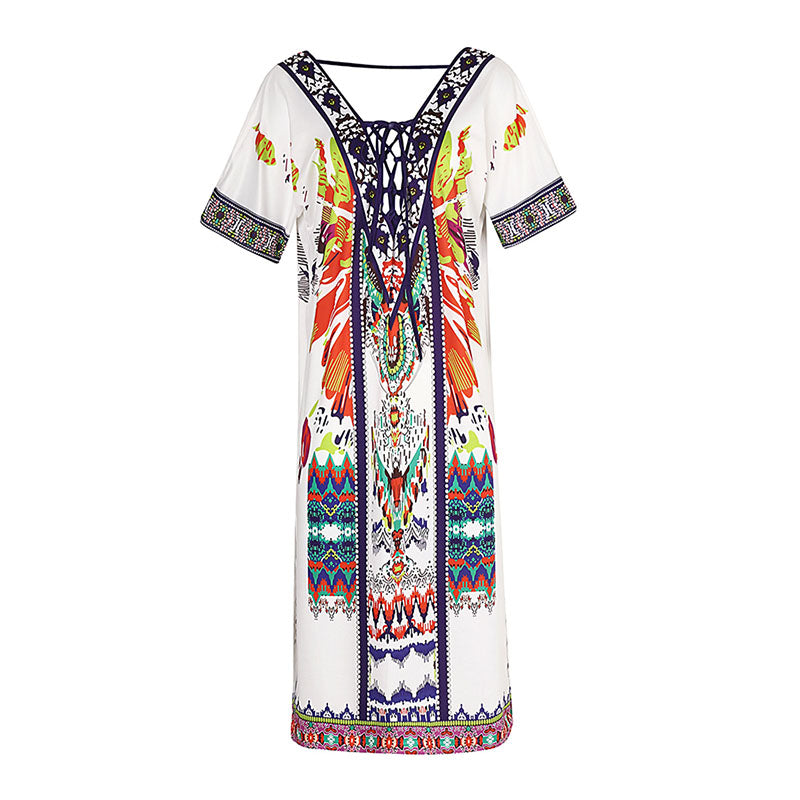 Lace Up Loose Plus Size Geometric Short Sleeve V-Neck Formal Evening Women's Bohemian Dress