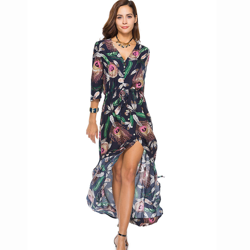 New Feather Printed Long Sleeve Slim Fit Ankle Length Carnival Theme Party Midi Split Women Sexy Dress