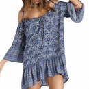 Laced Up Breast Loose Blue Floral Printed Hot Sexy Night Halter Loose Short Evening Dress