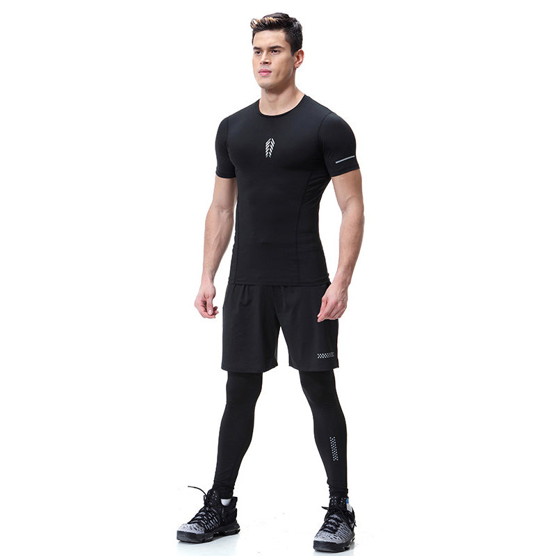 3Pcs Set Men Black Color Short Sleeve Top And Shorts And Pants Quick-Drying Fitness Training Running Sportswears