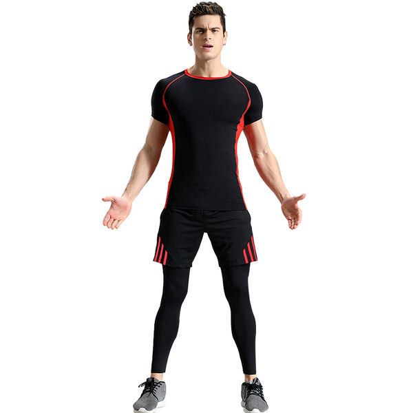 3Pcs Set Men Black Color Short Sleeve Quick-Drying  Top And Shorts And Pants Elastic Tight Fitness Running Training Sportswears