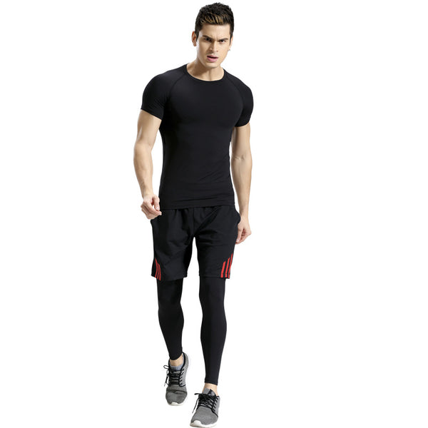 Black Color Men Running Short Sleeve Top And Shorts And Pants Quick-Drying Tight Moisture Wicking Football Basketball 3pcs Sportswears Set