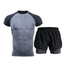 2Pcs Set Block Color Men Short Sleeve Top And Shorts   Elastic Quick-Drying Tight Training Running Yoga Sportswears