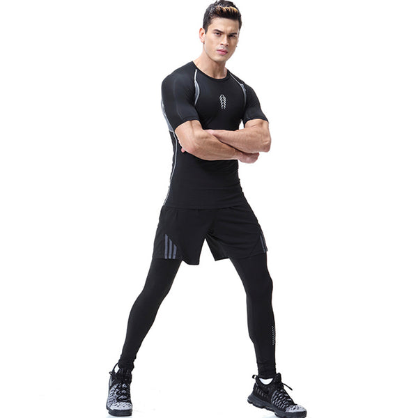 3Pcs Men Black Color Short Sleeve Top And Shorts And Pants Tight Elastic Breathable Gym Jogger Sportswears Set