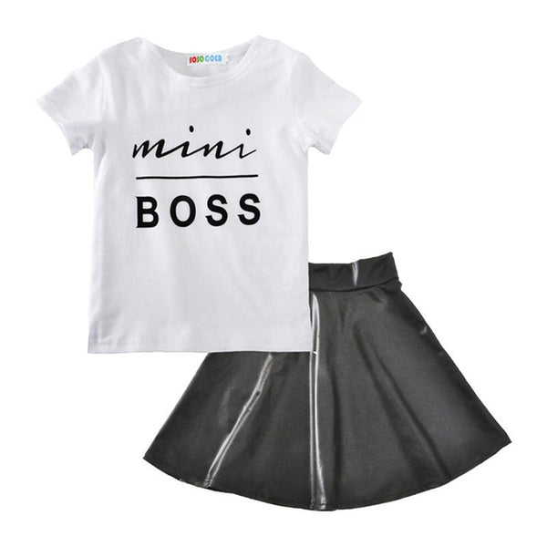 2pcs Simple Fashion Design Clothing Set Black Skirt + Letter Print Decoration White Cotton Girls Kids T Shirts