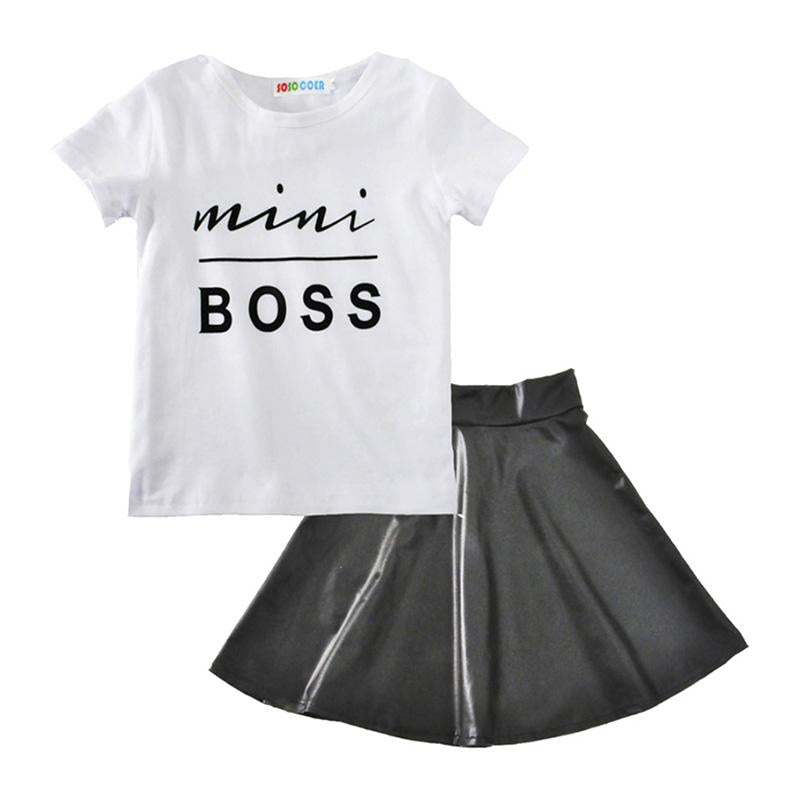2pcs Simple Fashion Design Clothing Set Black Skirt + Letter Print Decoration White Cotton Girls Kids T Shirts