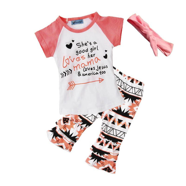3pcs Children Geometry Pattern Girls Pants +Letters Arrows Print Cotton Round Neck T Shirts With Hair Band