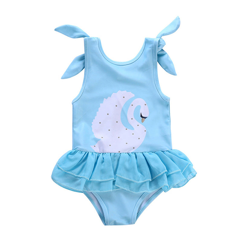 Cute Kids Blue Swan Pattern Bowknot Swimsuit One Piece Dress Design Cotton Sling Little Girl Swimsuit