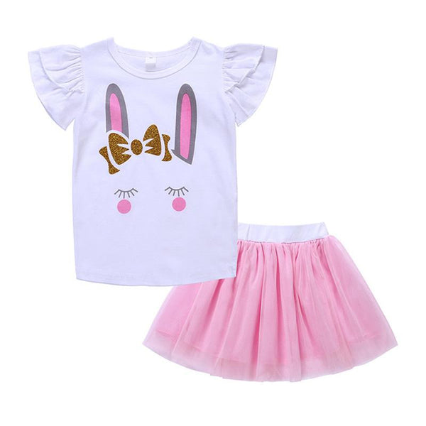2pcs Clothing Set Lovely Pink Short Children'S Skirt + Cartoon Rabbit Pattern Cotton T-Shirts