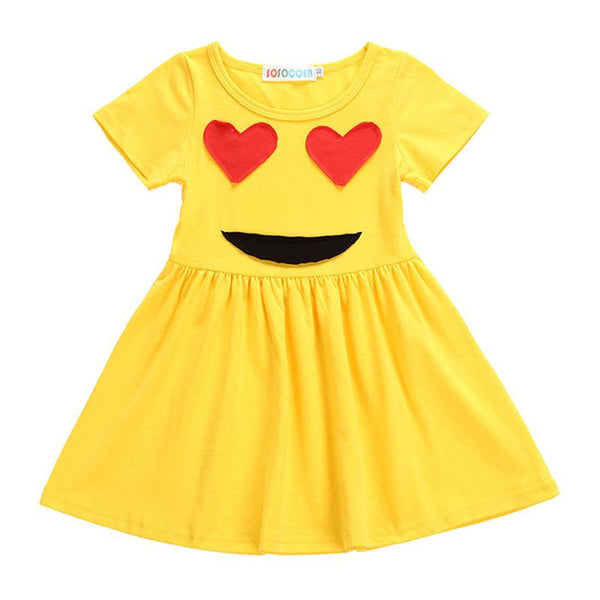 Lovely Girls Princess Smiley Face Yellow Short Sleeves Soft Cotton Princess Long One Piece Dress