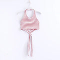 Hot Sale Classic Sexy Pinstriped Knotted Neck Girls Fancy Latest Dress Designs Photos Female Tops