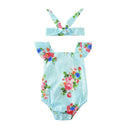 2pcs New Cute 1-3 Years Old Blue Baby Romper Floral Cotton Little Girls Romper With Hair Band