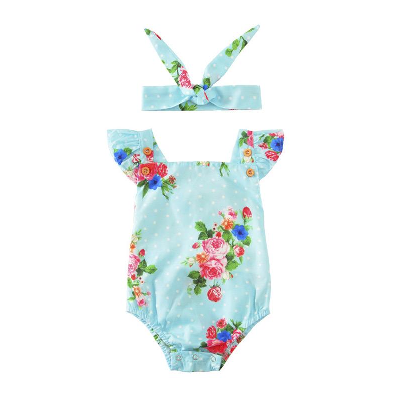 2pcs New Cute 1-3 Years Old Blue Baby Romper Floral Cotton Little Girls Romper With Hair Band