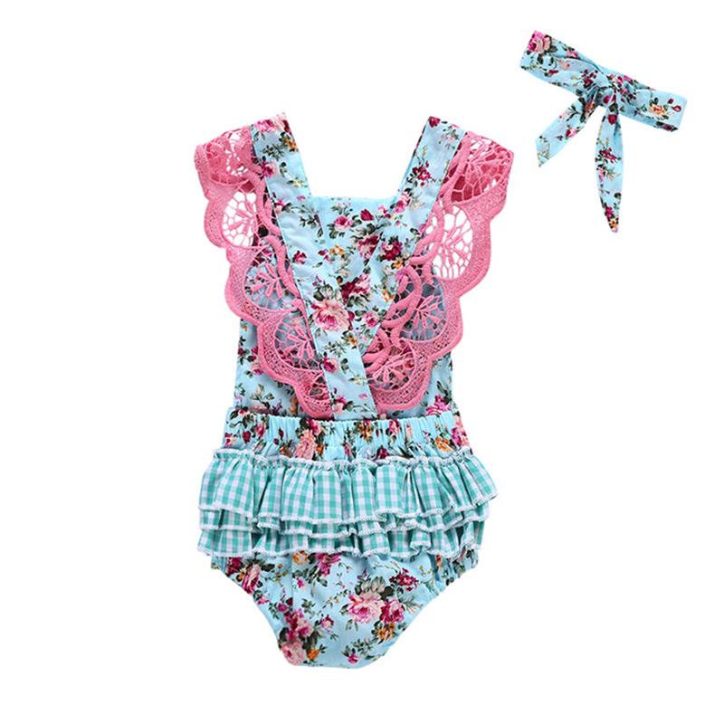 2pcs Newborn Baby Breathable Soft Fly Sleeves Baby Romper Cotton Design Floral Lace Romper With Hair Band